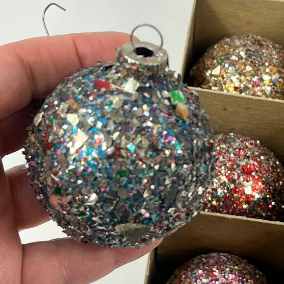 Vtg Decorated Shiny Brite Glitter Shard Glass Ornaments Set of 12 Mixed USA - Picture 5 of 16
